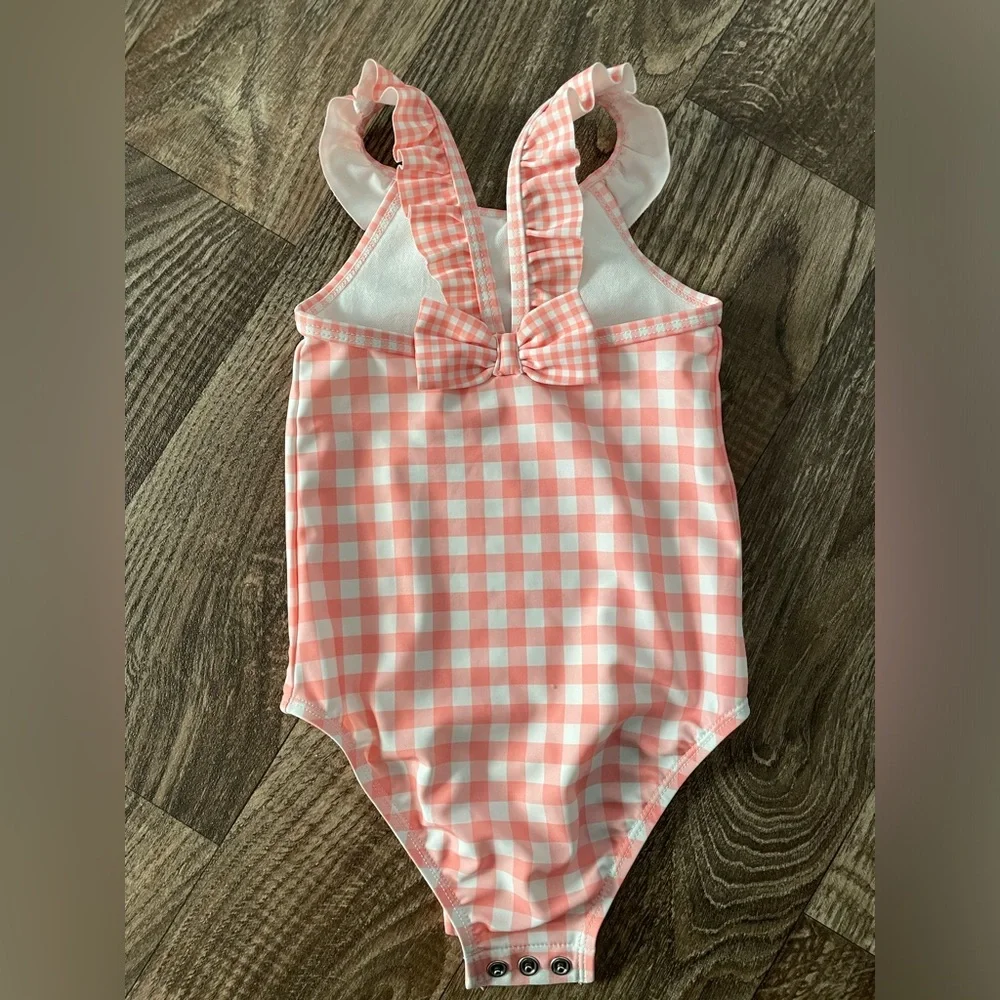 ✨SALE✨ Pink Gingham Carter’s Baby Swimsuit Bathing Suit Bow Ruffles - Picture 3 of 3
